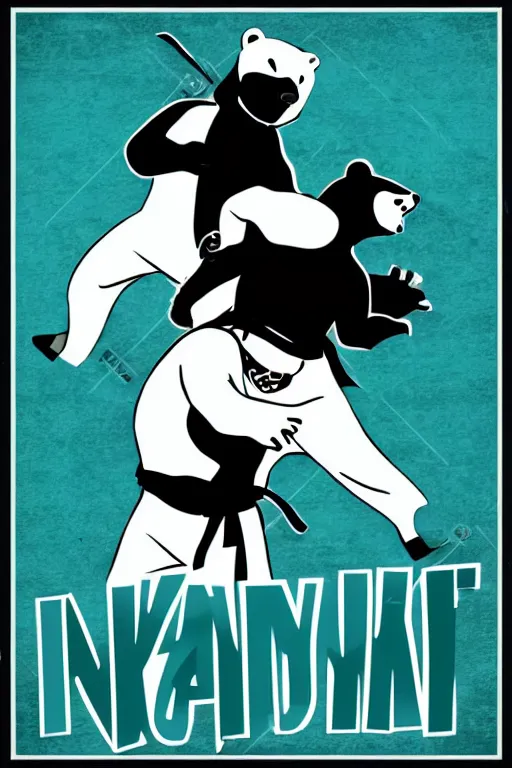 Image similar to a vector based illustration about a ninja fighting a polar bear in the style of die cut sticker, negative space is mandatory, no gradients, black ink on white background, smooth curves, vector spline curve style