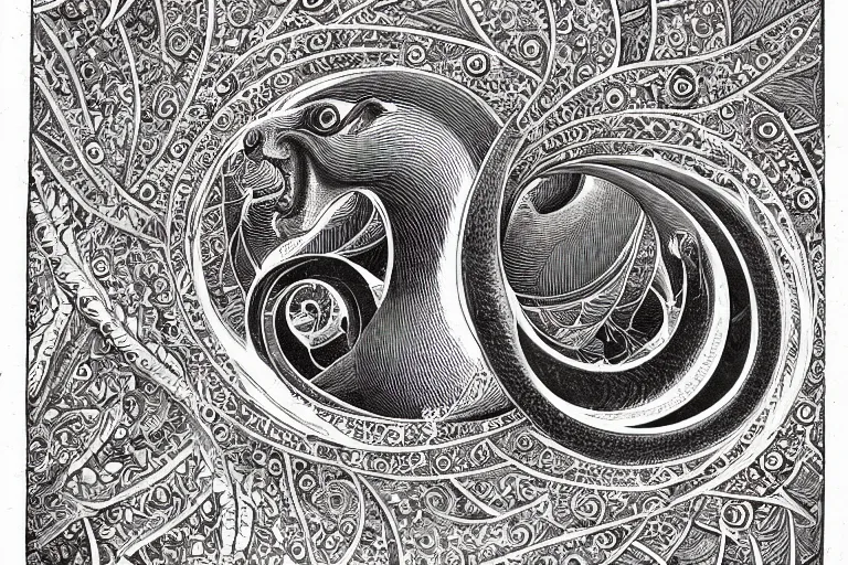 Image similar to an ornate illustration in the styles of mandalas and fractals, the styles of escher and penrose, depicting a weasel staring deep into the heart of the impossible all - and - nothing of the emerging singularity ; / what has god wrought? / he seems to be whispering.