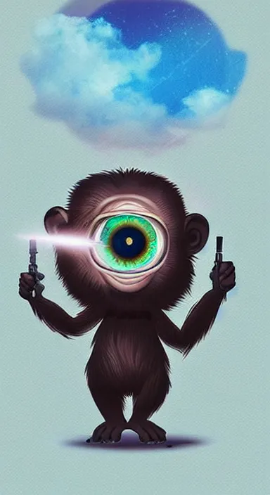 Image similar to “ big eye monkey holding laser gun floating in clouds, digital art, super aesthetic, art station childish style ”