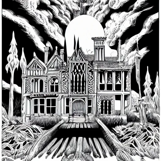 Prompt: mcbess illustration of a gothic mansion with an ansel adams backdrop