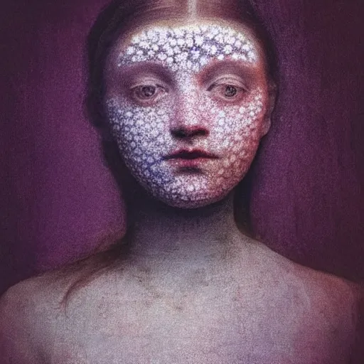 Prompt: close up of a beautiful girl morphing into a pattern of flowers, dirt watercolor by gottfried helnwein, by hammershøi, art noveau, highly detailed, lights by edward hopper, liminal, eerie, pastel colors, limited palette