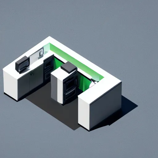 Image similar to isometric view of break room underground with a vending machine, clean, minimalist, light and shadows, octane render