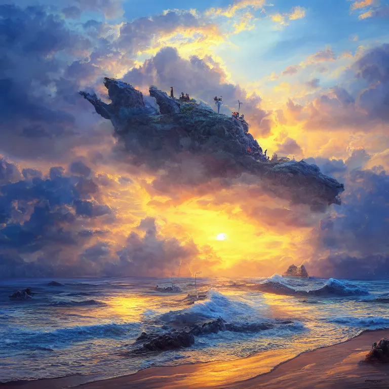 Prompt: a beautiful painting of a journey of a thousand miles begins with a single step, it is necessary to take the first step to reach your goal, flying island and sunset, highly detailed, 8 k resolution, trending on artstation