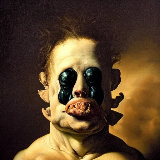 Image similar to oil painting with black background by christian rex van minnen rachel ruysch dali todd schorr of a chiaroscuro portrait of an extremely bizarre disturbing mutated man with acne intense chiaroscuro cast shadows obscuring features dramatic lighting perfect composition masterpiece