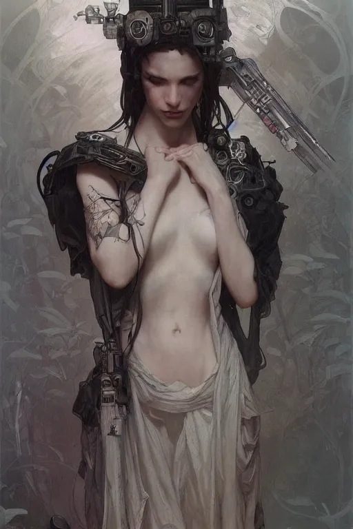 Prompt: beautiful pale cyberpunk gothic maiden, master drawing, intricate, elegant, highly detailed, digital painting, artstation, concept art, smooth, sharp focus, illustration, art alphonse mucha and james gurney and craig mullins and wlop