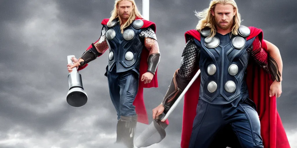 Image similar to Thor from the Avengers holding a toilet plunger instead of a hammer, cinematic pose