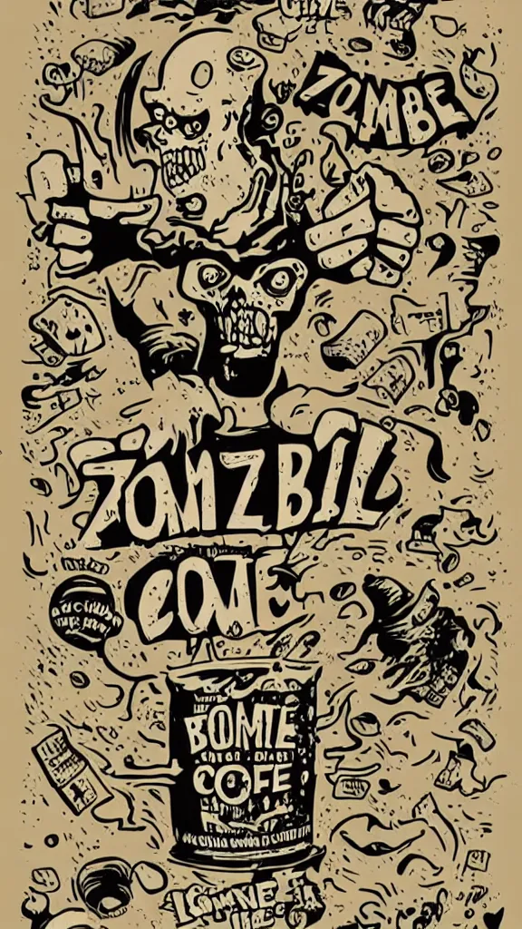 Image similar to zombie coffee logo by mcbess, full colour print, coffee advert