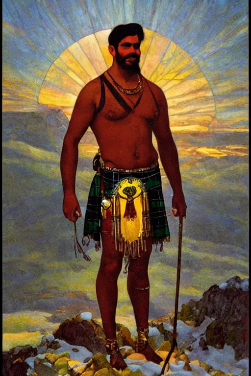 Prompt: a symmetrical homoerotic tarot card of a handsome shirtless desi adventurer wearing a scottish tartan kilt and leather harness on a snowy mountain peak, by raja ravi varma. background is a stained glass golden sunrise. art deco, art nouveau. by louis comfort tiffany, by albert bierstadt. trending on artstation.