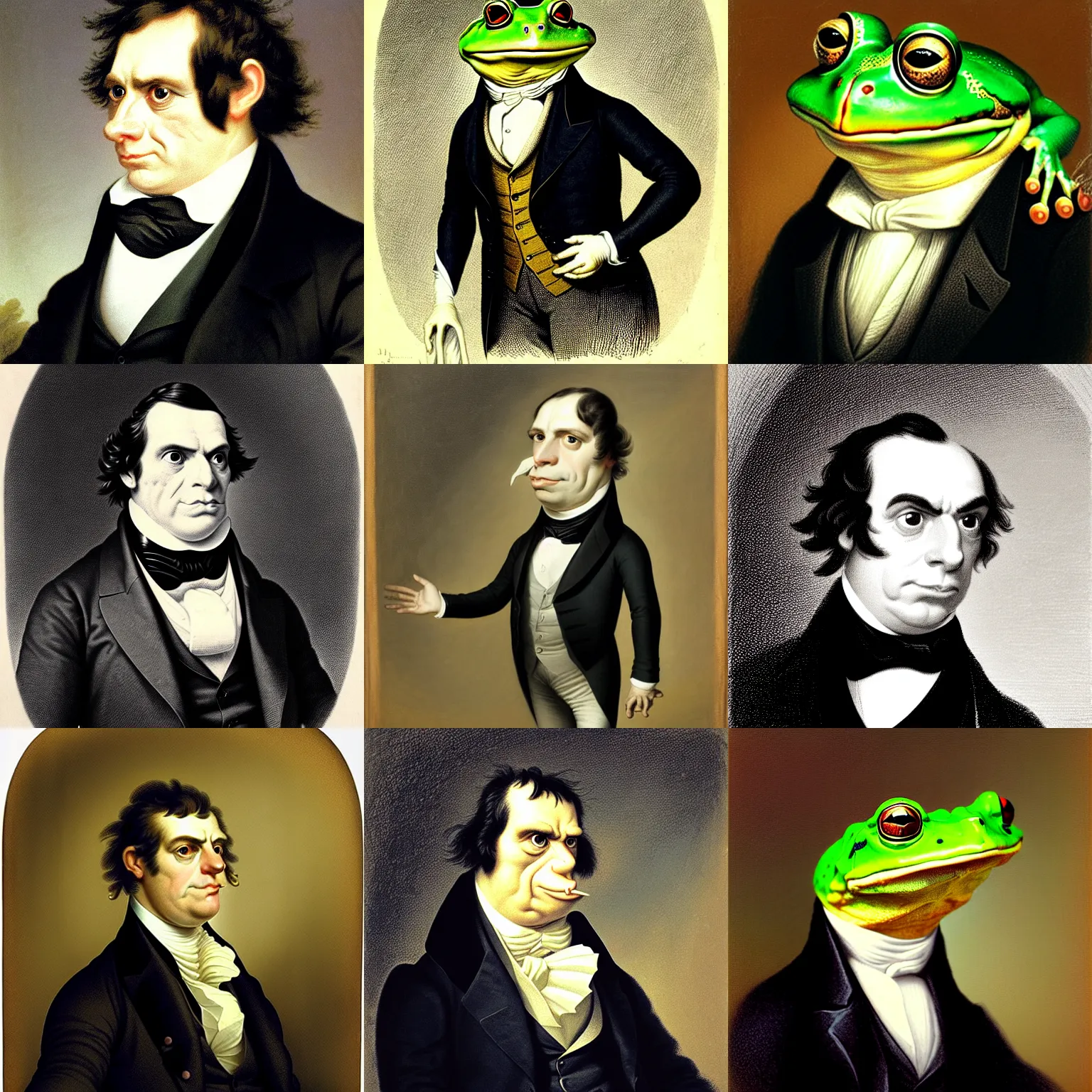 Prompt: a head and shoulders portrait of an anthropomorphic frog!!!!!!!!!! wearing a suit looking off camera, a character portrait by john trumbull, american romanticism, soft focus