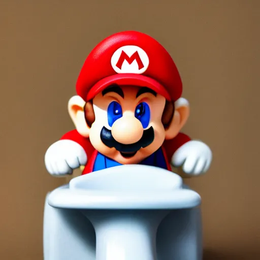 Prompt: claymation, mario sitting on a toilet in public, depth of field 2 7 0 mm