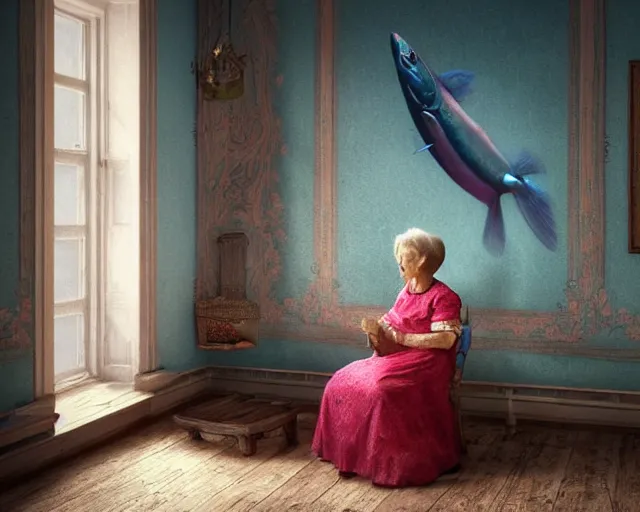 Image similar to an innocent and beautiful scene in hyper realistic style, about an old and lonely woman painting a huge colorful fish on the wall, lighting from the barred window. shadows. victorian dress. 4 k. wide angle. wild. red mouth, blue eyes. deep focus, lovely scene. ambient occlusion render. unreal engine.