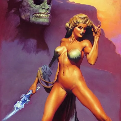 Image similar to princess of mars but with gal godot, photorealistic painting by frank frazetta and boris vallejo