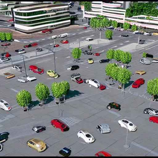 Image similar to a late 9 0 s 3 d render of a french city with sedans and coupes, businesses and people.