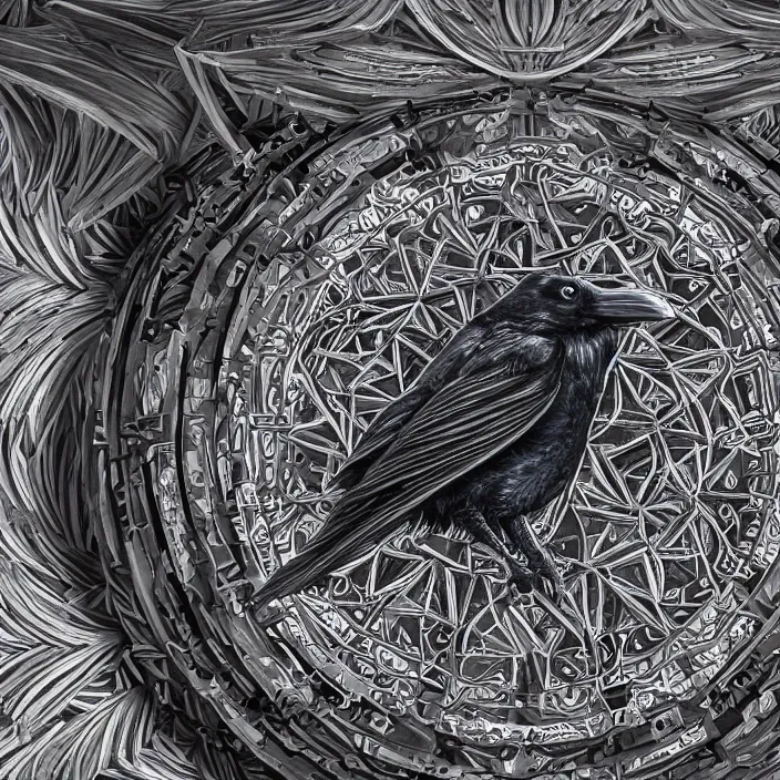 Prompt: a raven's face in sacred geometry, rendered in unreal, highly detailed, ultra realism, 8 k