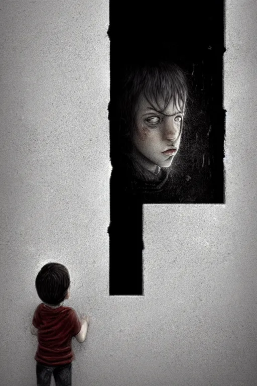 Image similar to giant crack on the white concrete wall, child eyes watching from inside the crack sigjt reaching towards camera. gloomy, intricate, elegant, highly detailed, digital painting, artstation, concept art, addiction, chains, smooth, sharp focus, illustration, art by ilja repin