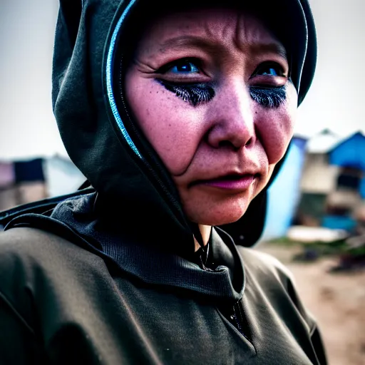 Image similar to photographic portrait of a poor techwear woman holding back tears, a futuristic shanty town burns in the background, closeup, sigma 85mm f/1.4, 4k, depth of field, high resolution, 4k, 8k, hd, full color