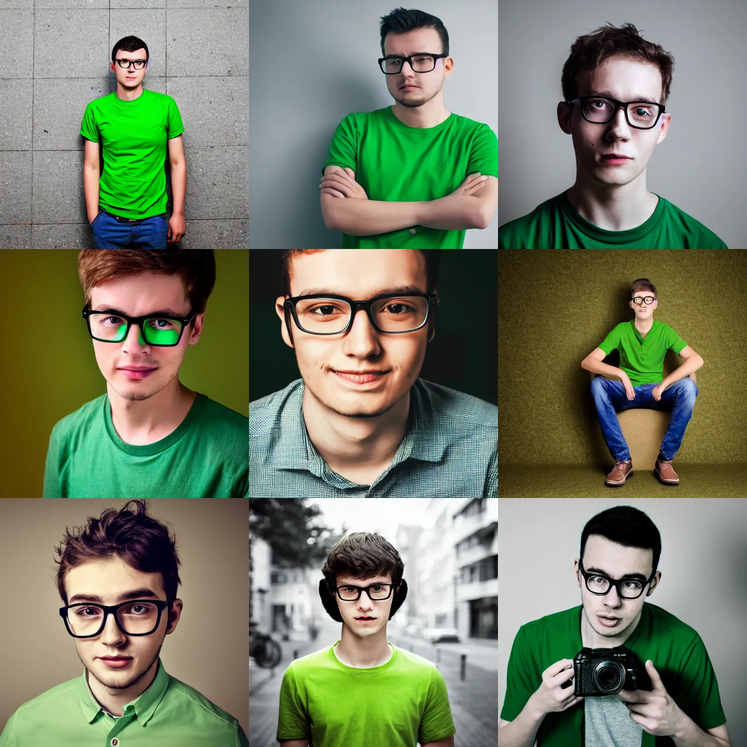 Prompt: a young man wearing glasses and a green shirt, a character portrait by youri messen - jaschin, pixabay contest winner, dau - al - set, dslr camera, wimmelbilder, filmic