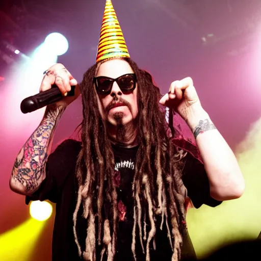 Prompt: korn plays in a concert wearing birthday hats