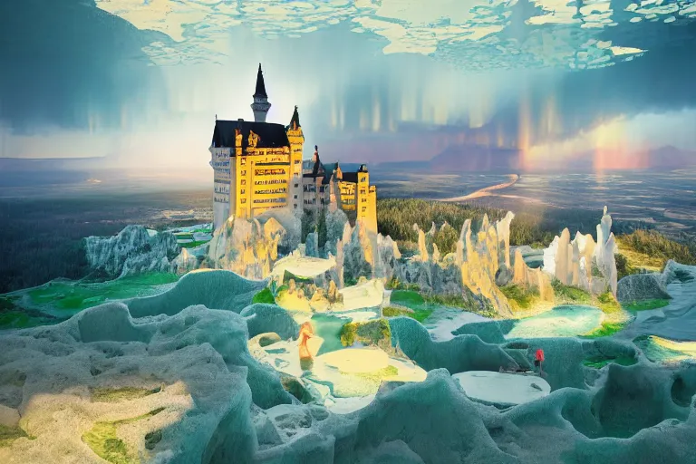 Prompt: neuschwanstein castle on pamukkale thermal waters flowing down gold travertine terraces in royal blue antelope canyon during sakura season on an interstellar aurora borealis with heavy thunder and lightning, pink waterfalls, flowers, by peter mohrbacher, james jean, james gilleard, greg rutkowski, vincent di fate, rule of thirds, octane render, beautiful landscape