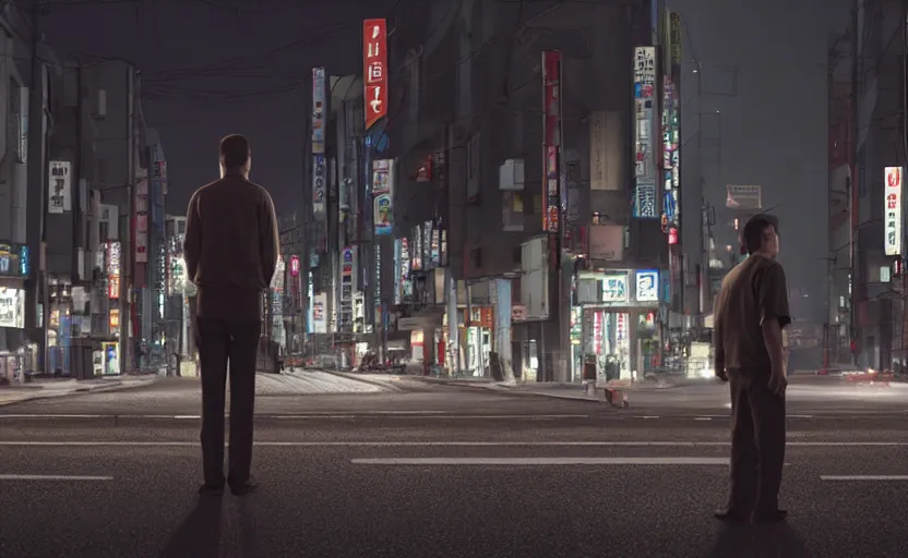 Image similar to a man standing in the middle of a tokyo street at night, a photorealistic painting by Gregory Crewdson, cgsociety, american scene painting, playstation 5 screenshot, matte painting, cryengine