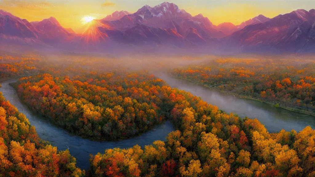Image similar to The most beautiful panoramic landscape, oil painting, where the mountains are towering over the valley below their peaks shrouded in mist. The sun is just peeking over the horizon producing an awesome flare and the sky is ablaze with warm colors. The river is winding its way through the valley and the trees are starting to turn yellow and red, by Greg Rutkowski, aerial view
