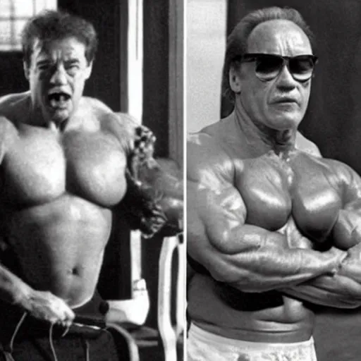 Prompt: what if danny de vito had arnold schwarzenegger's body, photo, flexing, realistic, detailed