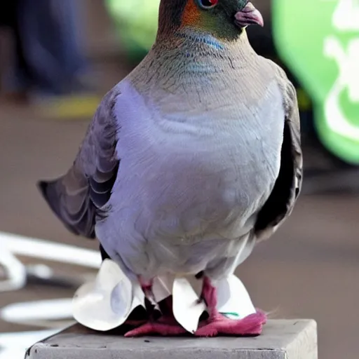 Image similar to anthropomorphic carrier pigeon cosplaying as jim carrey