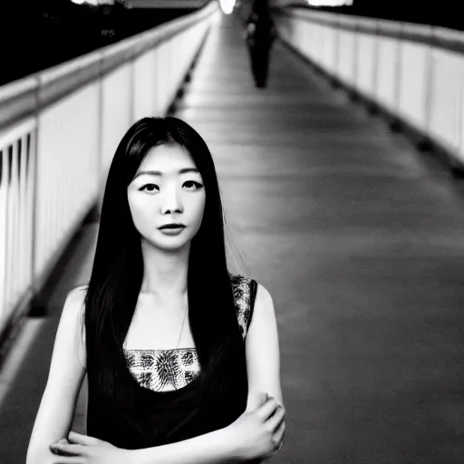 Image similar to black and white photo full shot of beautiful Japanese women with perfect eyes and simetrical face, standing on the bridge at night, shot by Akira Kurosawa perfect cinematic light, 8k, highl details, sharp focus