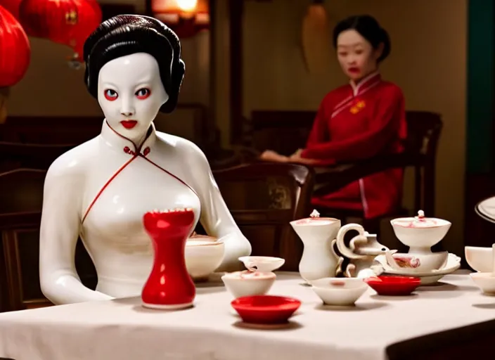 Image similar to movie still of a beautiful woman made out of porcelain sitting at a table in a cafe, wearing a red cheongsam, smooth white skin, creepy, tea set in foreground, directed by Guillermo Del Toro
