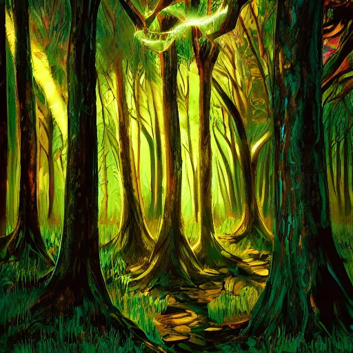 Prompt: enchanted forest with intricate details and tons of big trees. deep illumination and beautiful use of light and shadow to create a sense of depth and movement. using energetic brushwork and a limited color palette. light angle left at 1 0 degrees.