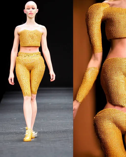 Image similar to multi panel storyboard of olivia wearing an outfit made of golden donuts, runway model at new york fashion week, fit physique, black hair, freckles, pale skin, multiple angles, photo by greg rutkowski, stage lighting, soft colors, female beauty, intricate detail, elegance, 3 5 mm, depth of field, masterpiece