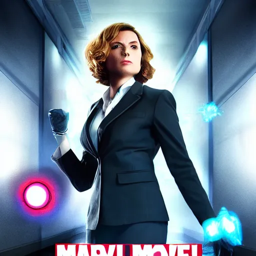 Prompt: a marvel poster with a woman wearing a suit, ray tracing, high contrast