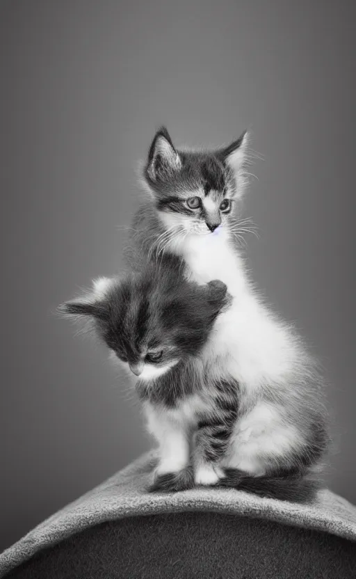 Image similar to Award winning Editorial photo of an adorable kitten standing on the back of a calm and happy duckling by Edward Sherriff Curtis and Lee Jeffries, 85mm ND 5, perfect lighting, gelatin silver process