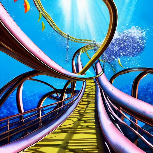 Image similar to underwater roller coaster, photorealistic, detailed