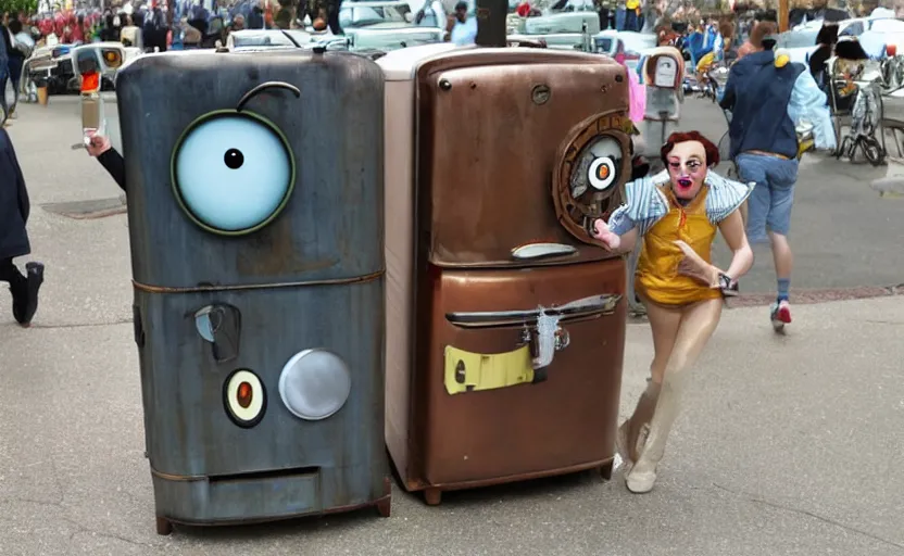 Image similar to an anthropomorphic steampunk mid century retro refrigerator with arms and legs and googly eyes running in the boston marathon