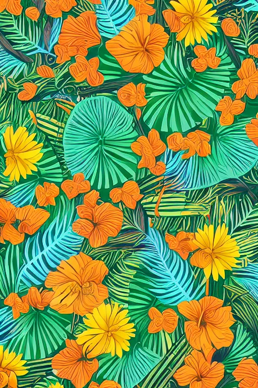 Prompt: Intricate detailed vector illustration of tropical flowers and green reeds, multiple cohesive colors ranging from warm blue to oranges on a ((very dark background)), 4K resolution