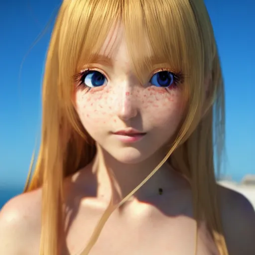 Image similar to Render of a very very very beautiful 3d anime girl, long hair, hazel eyes, cute freckles, full round face, short smile, cute sundress, golden hour, serene beach setting, medium shot, mid-shot, highly detailed, trending on Artstation, Unreal Engine 4k