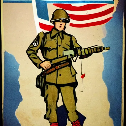 Image similar to fox animal dressed as a soldier in the style of a ww 2 propaganda poster