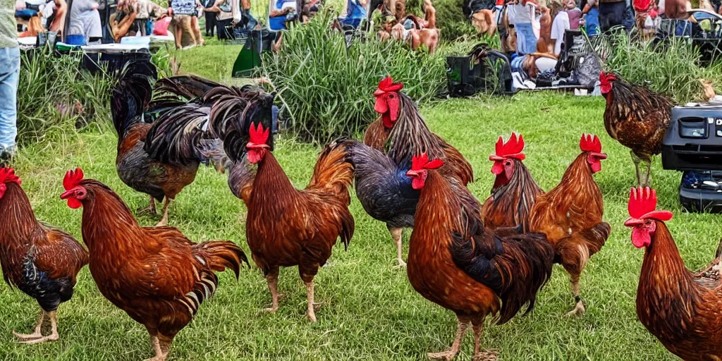 Prompt: summer music festival full of hen and roosters. no humans. tex fowl