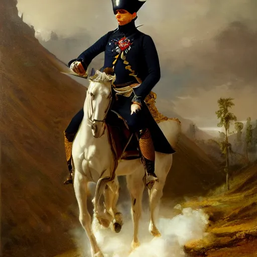 Prompt: Napoleon Bonaparte riding his electric scooter to battle by Jeremy Lipkin and Giuseppe Dangelico Pino, oil on canvas, epic pose, 8k