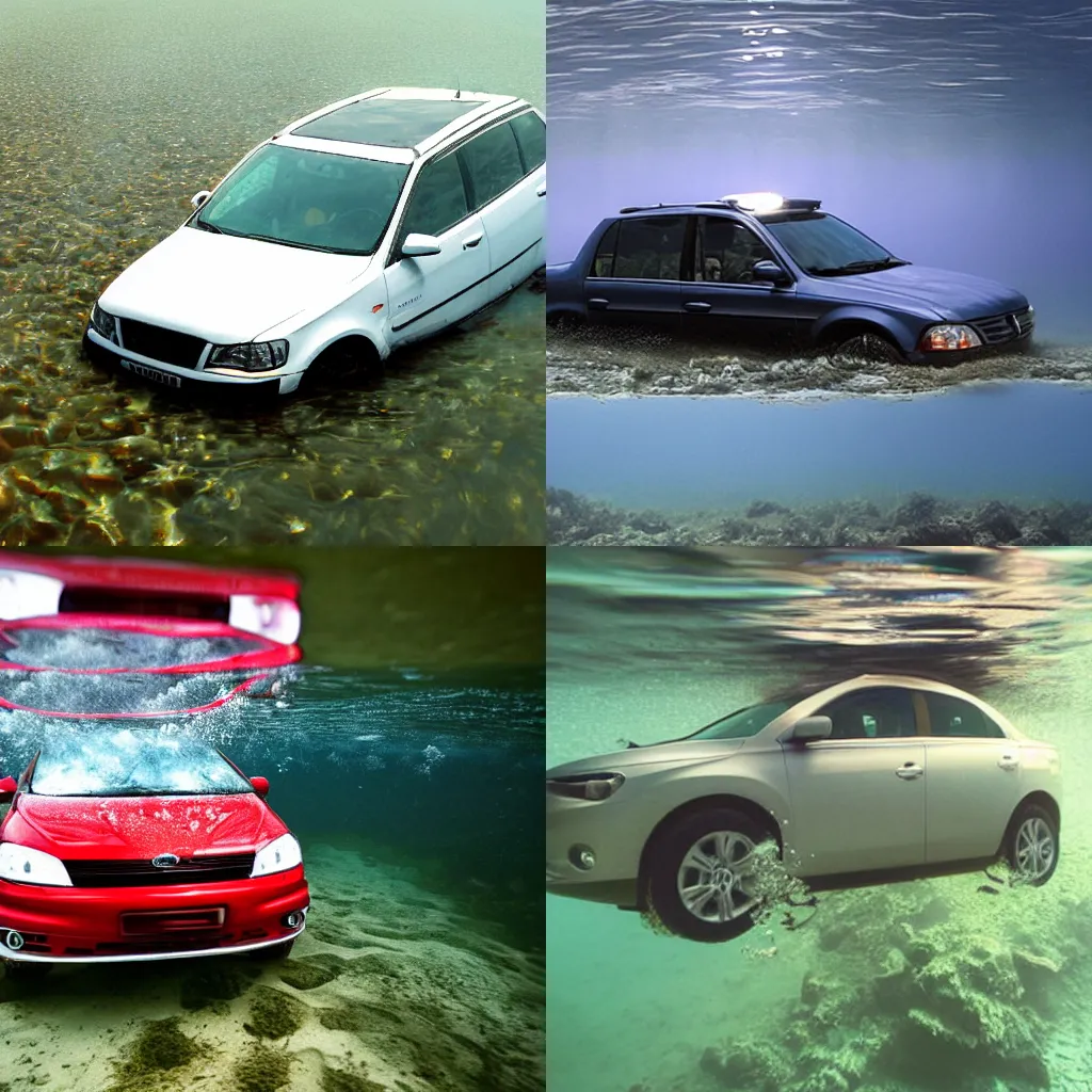 Prompt: a car driving underwater