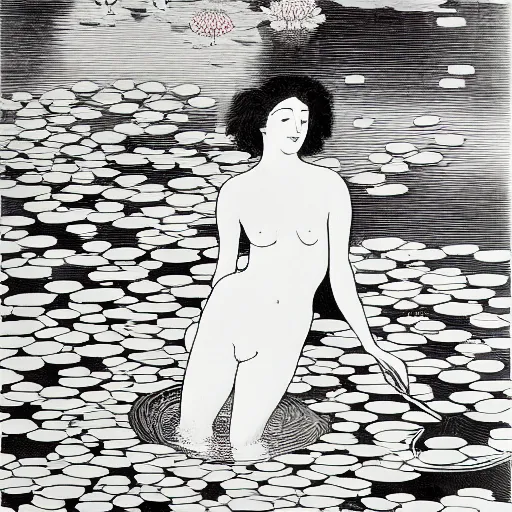 Image similar to A girl bathes in a lake where water lilies are floating, lithography by Aubrey Beardsley, High definition, detailed,