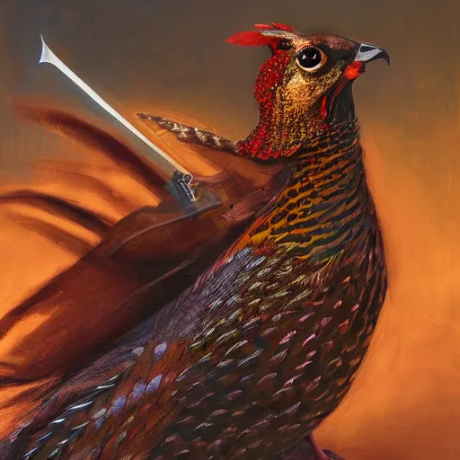 Prompt: a pheasant is girded with a belt, flying sword, by lily seika jones , rivuletpaper art, top cinematic lighting, cinematic mood, very detailed, shot in canon, by Viktor Vasnetsov, oil painting, harsh fairy tale, soft style, hyperrealism, beautiful, high resolution, trending on artstation,