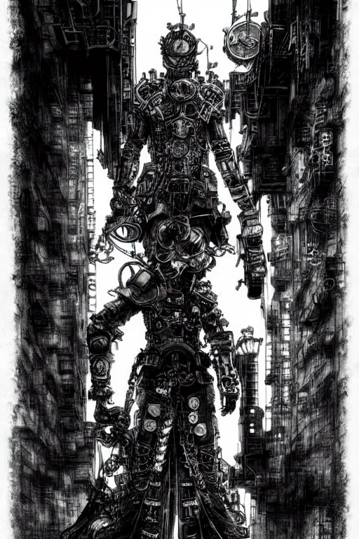 Prompt: a vertical portrait of a character in a city by yoshitaka amano and nihei tsutomu, black and white, dreamy, steampunk armor, highly detailed