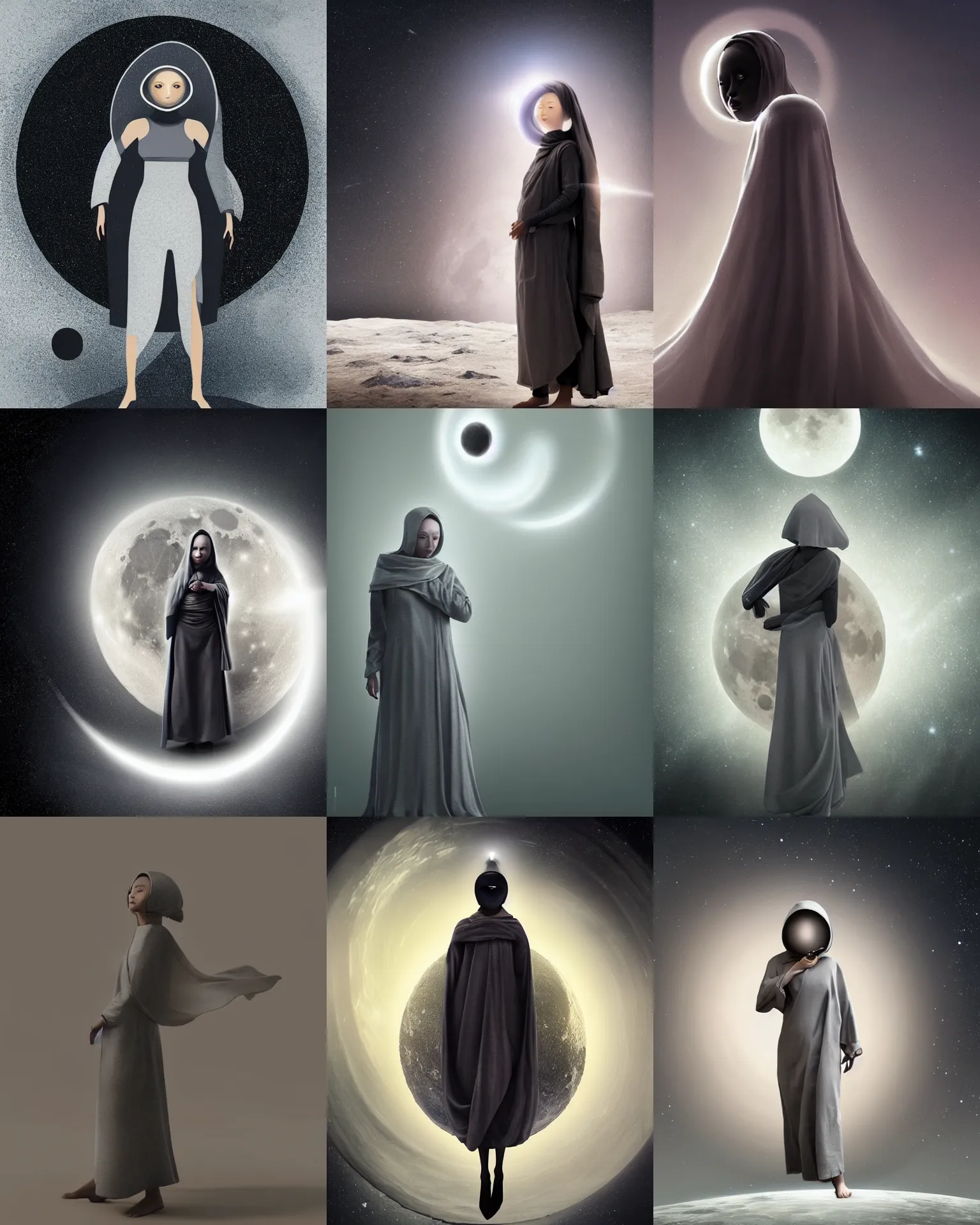 Prompt: futuristic female monk in grey cloth with a black hole instead of her head, standing on the moon, her head is a black hole surrounded by glowing matter, very aesthetic, moon surface background, by wlop, highly detailed, soft lighting