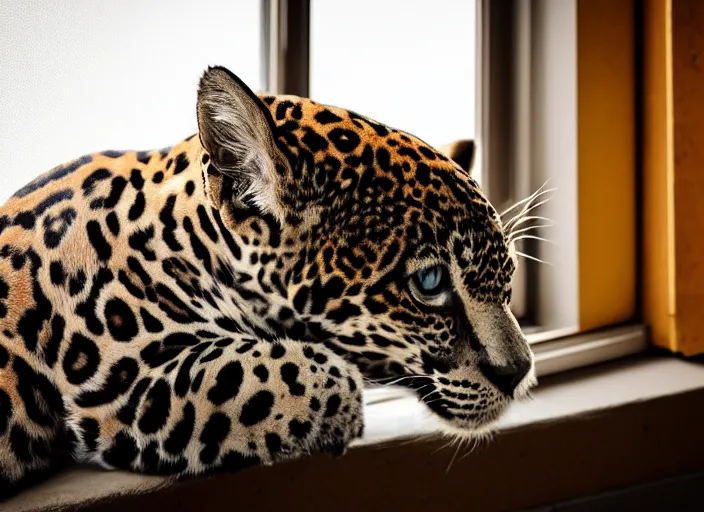 Image similar to photography of a Jaguar Cat . watching outside the window. on a bed. in a 70's room full of vinyls and posters, photorealistic, award winning photo, 100mm, sharp, high res