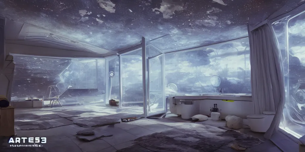 Image similar to artstation scifi scene of a safe like ikea ad, bathroom furniture, room ceiling sky mural, holographic glitchart walls, windows, large terrarium, paneled walls, unreal engine 5, hyper realism, realistic shading, cinematic composition, blender rendering, octane rendering, hdr, detailed textures, photorealistic, wide shot