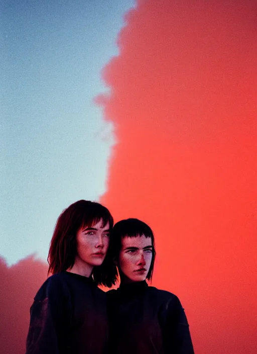 Image similar to cinestill 5 0 d photographic portrait of two loving female androids wearing rugged black techwear on a desolate plain with a red sky in front of a brutalist structure, extreme closeup, cyberpunk style, dust storm, 8 k, hd, high resolution, 3 5 mm, f / 3 2, ultra realistic faces, ex machina