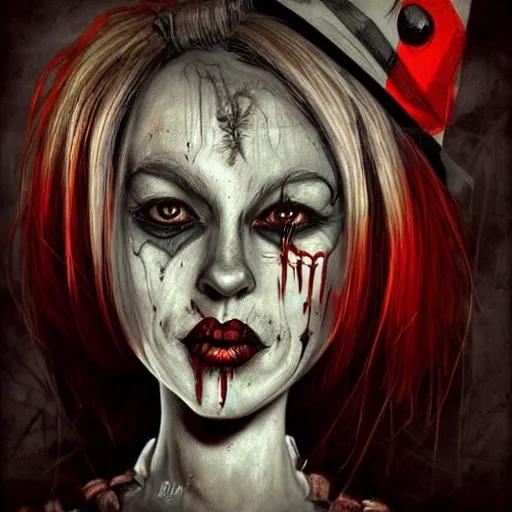 Image similar to surrealism grunge cartoon portrait sketch of harley quinn, by michael karcz, loony toons style, freddy krueger style, horror theme, detailed, elegant, intricate