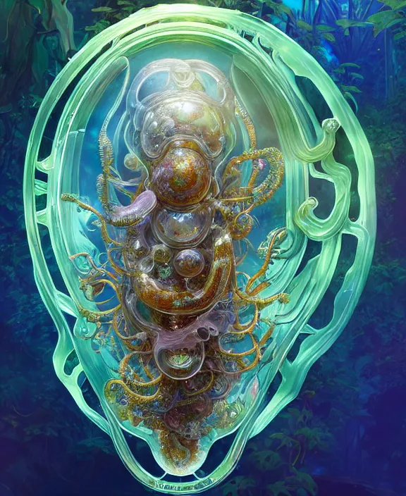 Image similar to intricate ornate opulent transparent clear see - through crystal portrait of a gundam beautiful male alien sea slug, mottled coloring, adorable, childlike, overgrown jungle environment, ultra realistic, concept art, art nouveau, photorealistic, octane render, 8 k, unreal engine. art by christopher marley and artgerm and greg rutkowski and alphonse mucha